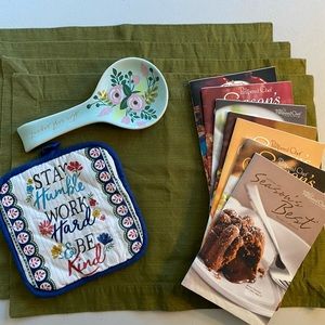 KITCHEN lot: 7 cookbooks, Retro Spoon Rest, 4 Olive Placemats & Potholder